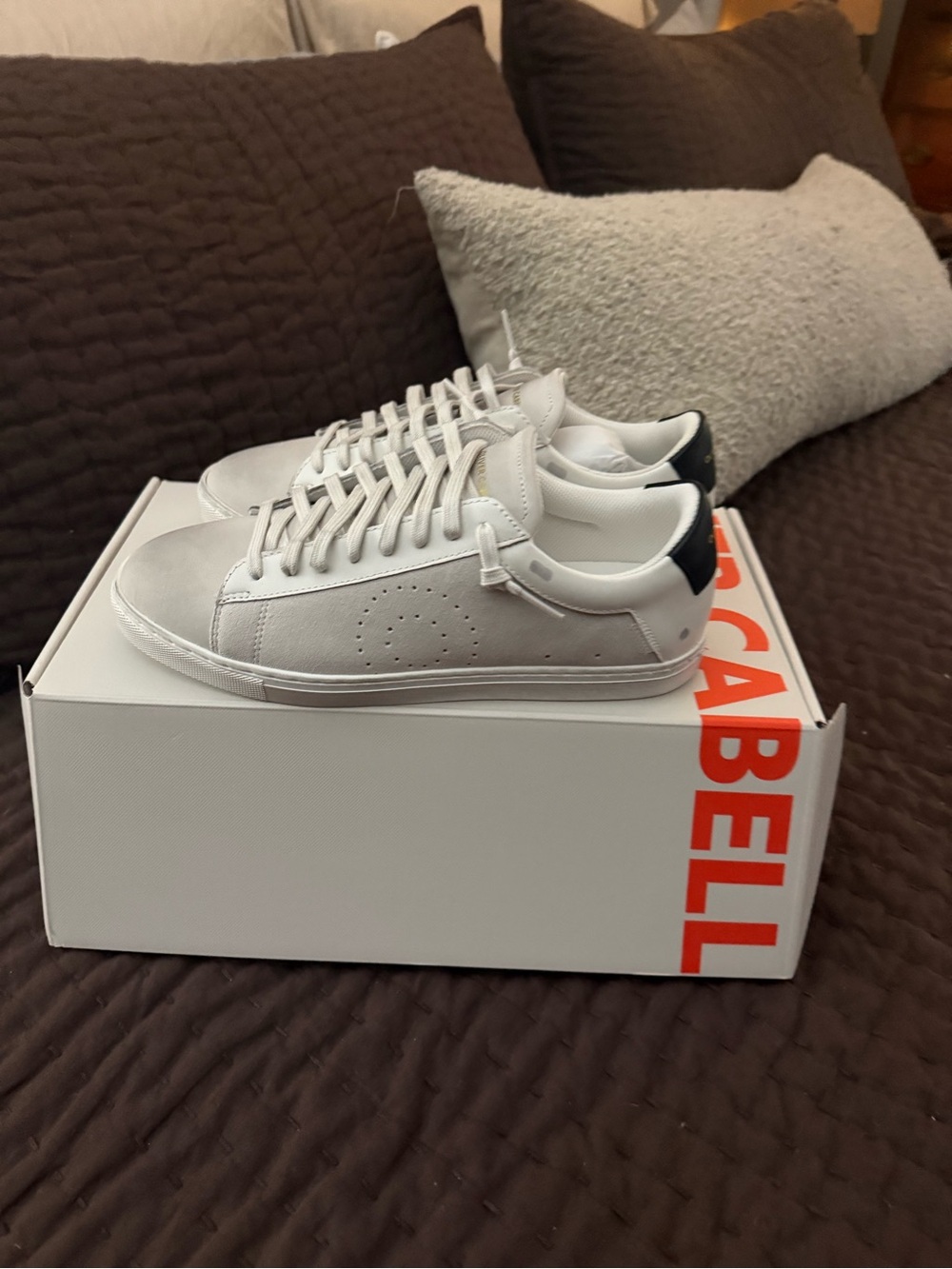 Oliver Cabell White Leather Low-Top Sneakers with Black Heel Tab